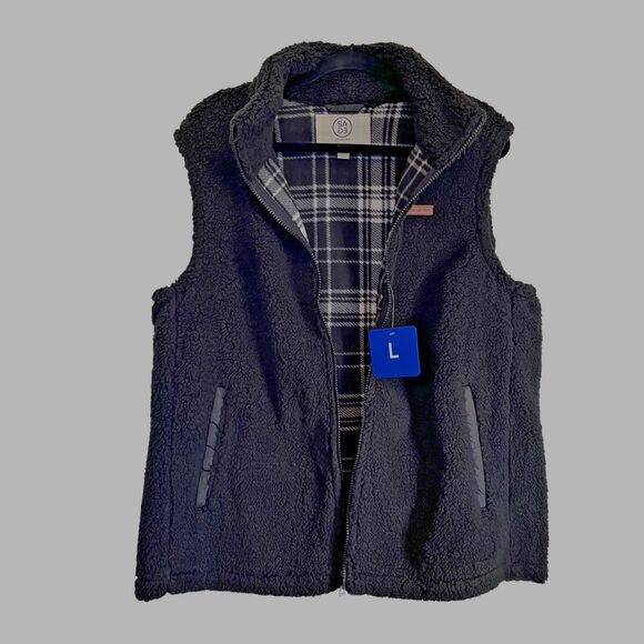 Sage Collective Womens Sz Large Sherpa Fleece Vest With Plaid Lining Zip NEW - Picture 1 of 7